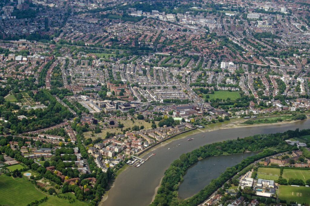 An aerial view of Chiswick and Thames River