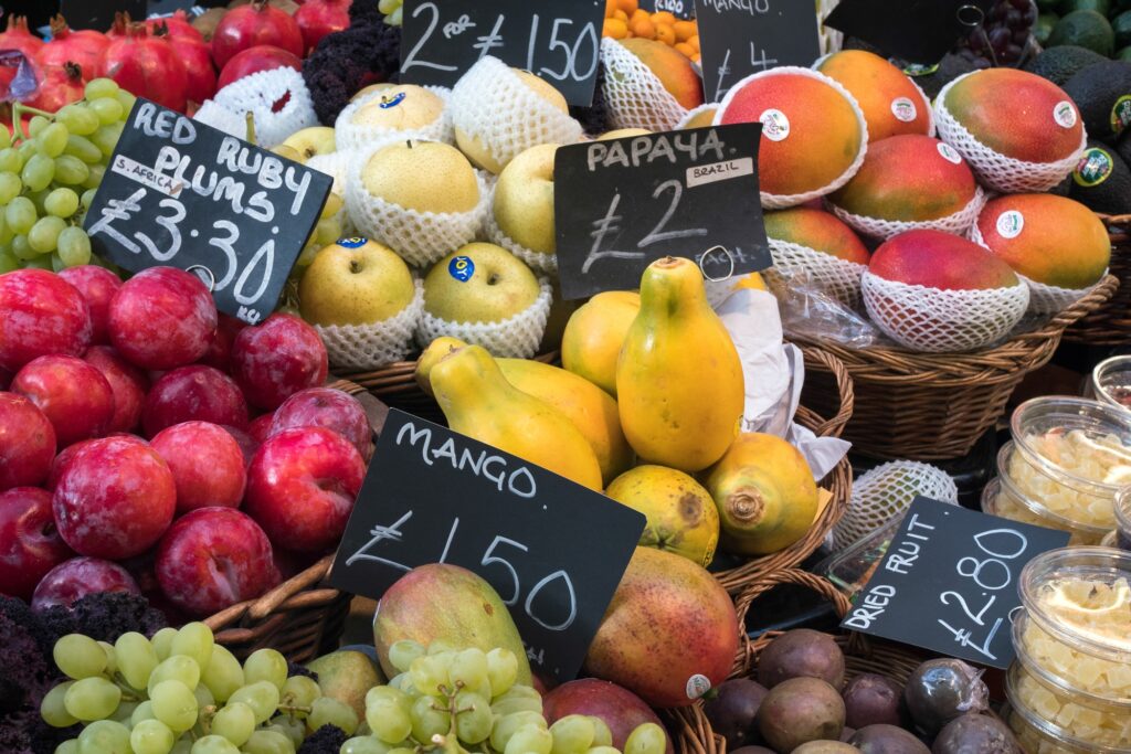Closeup of fresh fruits for sale in a local market