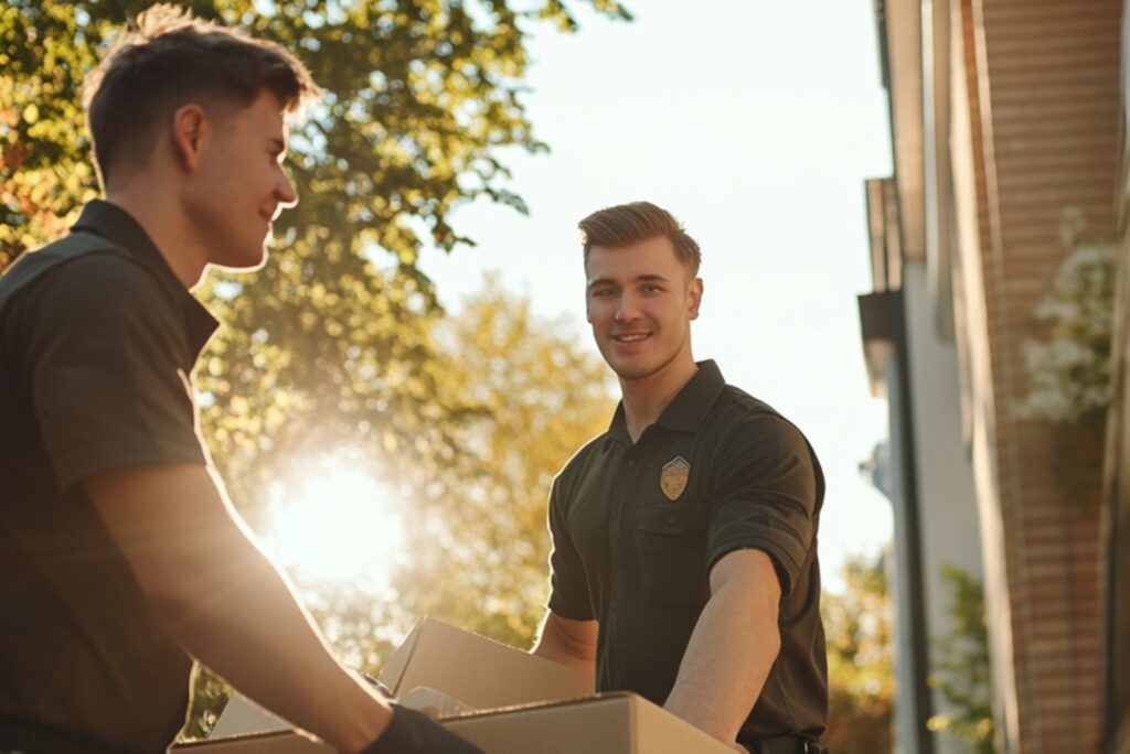 Two male professional movers carrying boxes into a house
