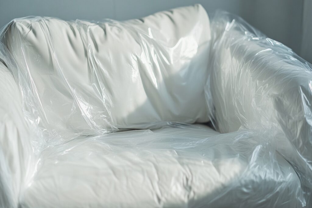 A white leather couch wrapped in plastic in the concept of 'how to save money when moving to Chiswick